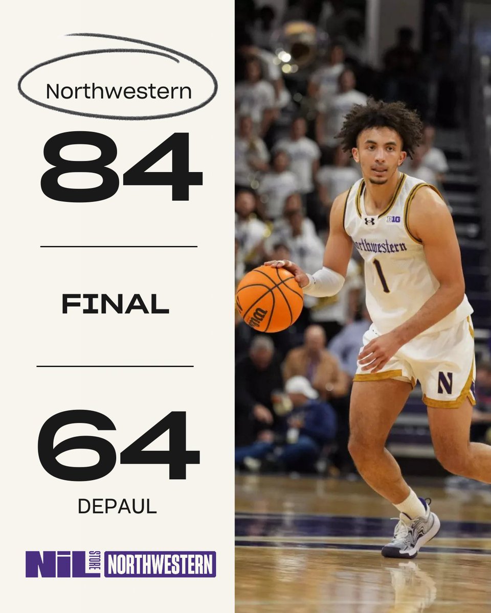 NU_NIL_Store's tweet photo. FINAL: Northwestern 84, DePaul 64 🏀
Another win for Northwestern Basketball today!
The Wildcats dominate at home, capping off a stellar day on the court for both our men’s and women’s teams. 🐾🔥
#GoCats #B1GCats #NUBasketball https://t.co/E2qmNLczOO