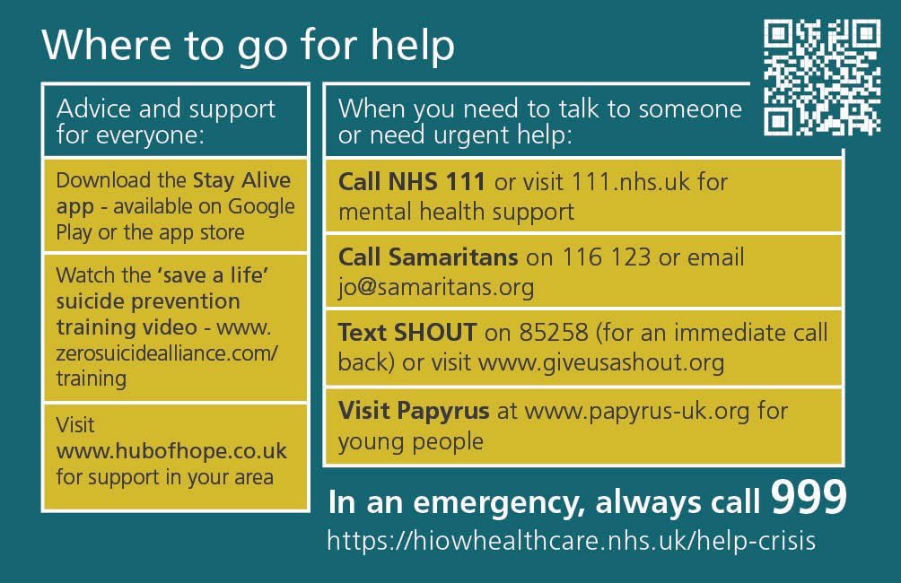 This time of year can be a difficult time for anyone who may be struggling with their mental health 💙 

There are services available 24 hours a day, providing support for anyone who needs advice and guidance.

Reach out here 👉 hiowhealthcare.nhs.uk/help-crisis

#SupportingYou