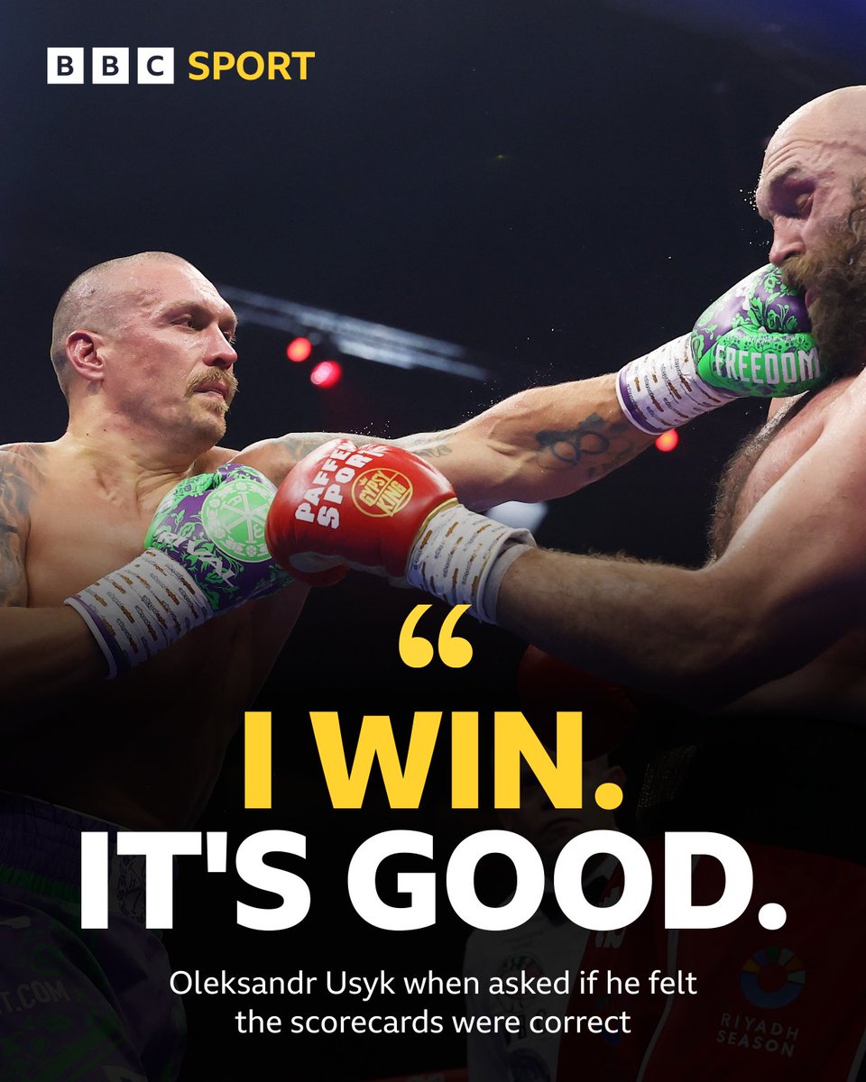 BBCSport's tweet photo. That reply from Oleksandr Usyk 🥶

All three judges scored #Usyk2Fury 116-112 in favour of Usyk 🥊 https://t.co/Ytt6MNczH4
