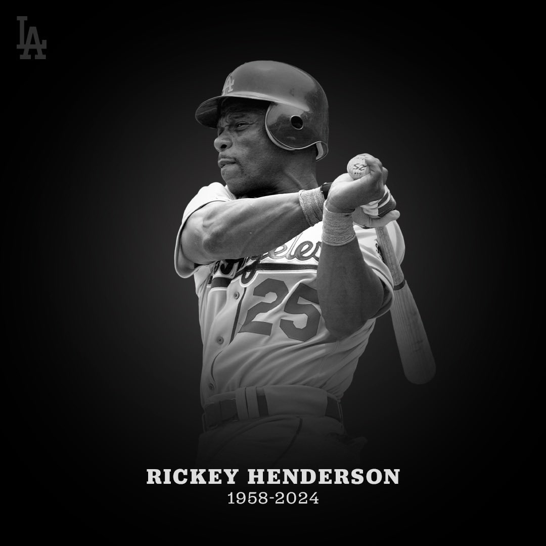 Dodgers's tweet image. The Dodgers mourn the passing of Rickey Henderson, legend and Hall of Famer. The organization was privileged to have a small part in his career, and we offer our heartfelt condolences to his family, friends and fans.