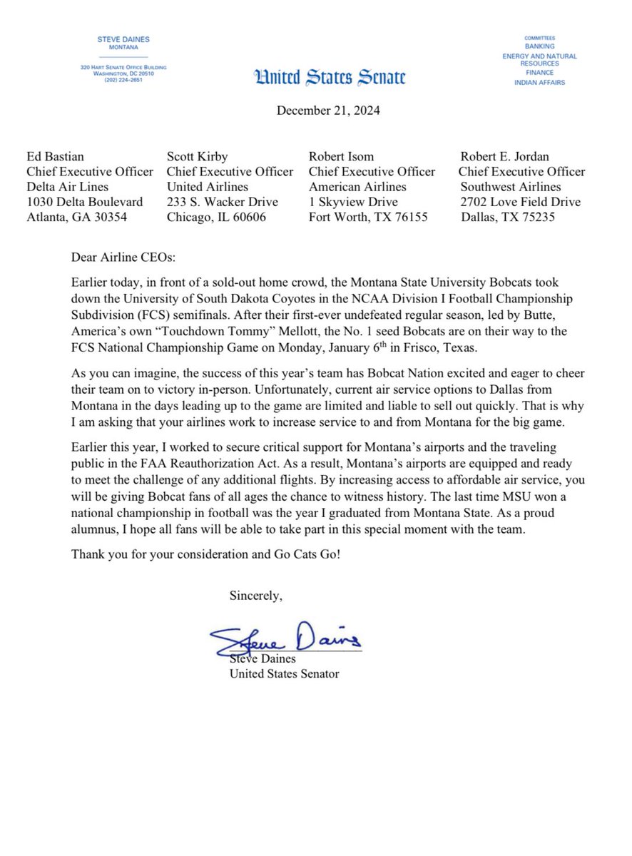 Steve Daines (@stevedaines) on Twitter photo The <a href="/MSUBobcats/">Montana State Bobcats</a> are going to FRISCO!!
I know many MTns are eager to watch <a href="/MSUBobcats_FB/">Montana State Football</a> make history—that’s why I’m urging <a href="/Delta/">Delta</a>, <a href="/AmericanAir/">americanair</a>, <a href="/UnitedAirlines_/">United Airlines North America - Parody</a> & <a href="/SouthwestAir/">Southwest Airlines</a> to add flights from MT to Dallas so that Bobcat Nation can cheer the Cats on in person! GO CATS GO! The <a href="/MSUBobcats/">Montana State Bobcats</a> are going to FRISCO!!
I know many MTns are eager to watch <a href="/MSUBobcats_FB/">Montana State Football</a> make history—that’s why I’m urging <a href="/Delta/">Delta</a>, <a href="/AmericanAir/">americanair</a>, <a href="/UnitedAirlines_/">United Airlines North America - Parody</a> & <a href="/SouthwestAir/">Southwest Airlines</a> to add flights from MT to Dallas so that Bobcat Nation can cheer the Cats on in person! GO CATS GO!