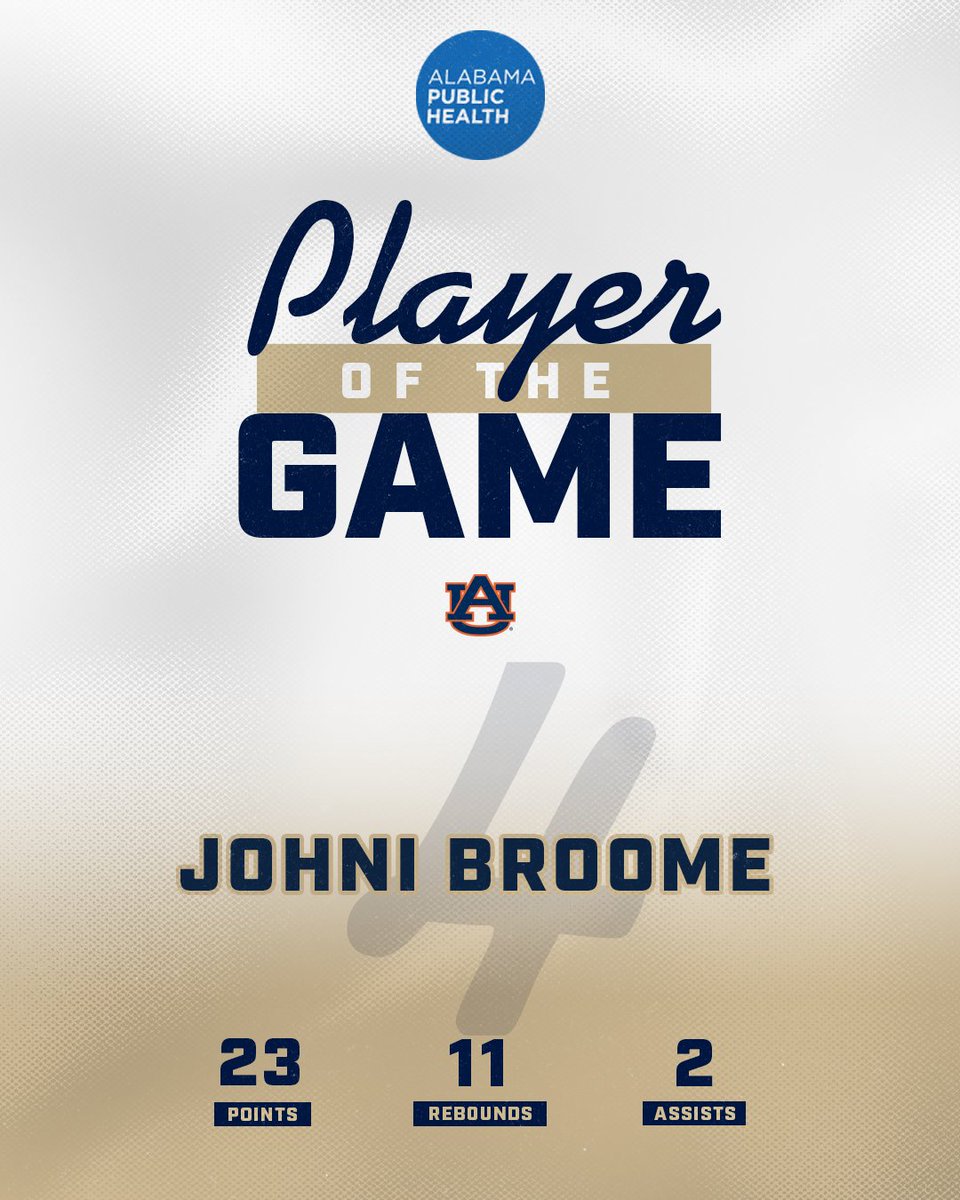 🔥 Johni Broome left it all on the court tonight with another double-double for the Tigers. A standout performance, brought to you by @AlabamaPublicHealth!

@auburnmbb

#battleinbham