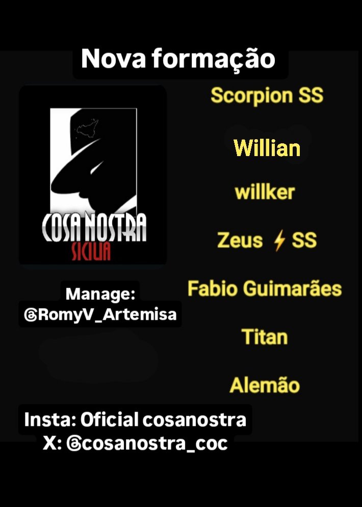 É com alegria que apresentamos nossa equipe CN™| Sicília para 2025.

Jogadores:
@Madson_coc23 
<a href="/Guimaraes_fb20/">Fábio Guimarães</a> 
#Scorpion
#Willker
#Willian
#Titan
#Alemao 

Manage:
<a href="/RomyV_Artemisa/">°°°ΛЯƬΣMIƧΛ°°°🏹</a> 

<a href="/ClashofClans/">Clash of Clans</a> <a href="/CoCEsports/">Clash of Clans Esports</a> 
<a href="/Clash_Network/">Competitive Clash Network</a> 
#coc #ClashofClans #th17
