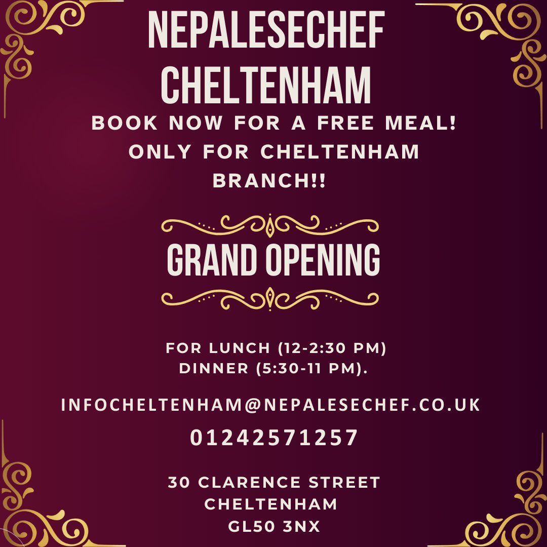 NepaleseChef's tweet photo. 🎉 Big news for Cheltenham! NepaleseChef is now at 30 Clarence Street! 🇳🇵
🌟 FREE MEALS for booking customers on 23rd &amp; 24th Dec:
🍴 Lunch: 12:00 PM – 2:30 PM
🍴 Dinner: 5:30 PM – 11:00 PM
#NepaleseChef #CheltenhamEats #FreeMeals https://t.co/07tTmGpnpS