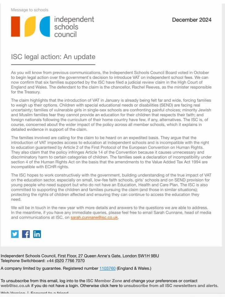A glimmer of hope on the horizon. The Independent Schools' Council (ISC) has  asked for the legal challenge to the #EducationTax to be expedited.