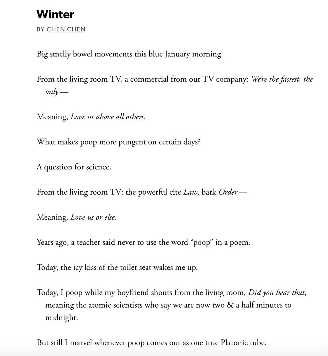 chenchenwrites's tweet photo. happy winter solstice! here's a poem set in january, but now feels like a good time to share it again. tbh i continue to be surprised by how/where this poem ("the poop poem" as i usually refer to it!) travels—thank you to everyone who's taught/written about it xx https://t.co/BMib2jYdiV