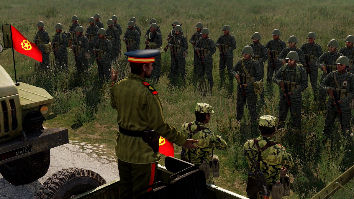 Cu3b4ll93's tweet image. An SSB Political Officer gives a lecture on party values to his assigned SPLF Company at the end of the quarterly muster and inspection. Founded as an insurgent group against the Kingdoms occupation of the North, the Sahrani People's Liberation Front serves as an on call militia…