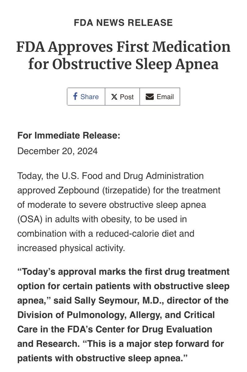 Neil Floch MD (@neilflochmd) on Twitter photo The FDA Approves First Medication for Obstructive Sleep Apnea - Tirzepatide known by brand names of Zepbound and Mounjaro are produced by <a href="/EliLillyandCo/">Eli Lilly and Company</a> and result in a total body weight loss of 23% in controlled studies. Sleep Apnea resolution occurs with weight loss 1/ The FDA Approves First Medication for Obstructive Sleep Apnea - Tirzepatide known by brand names of Zepbound and Mounjaro are produced by <a href="/EliLillyandCo/">Eli Lilly and Company</a> and result in a total body weight loss of 23% in controlled studies. Sleep Apnea resolution occurs with weight loss 1/