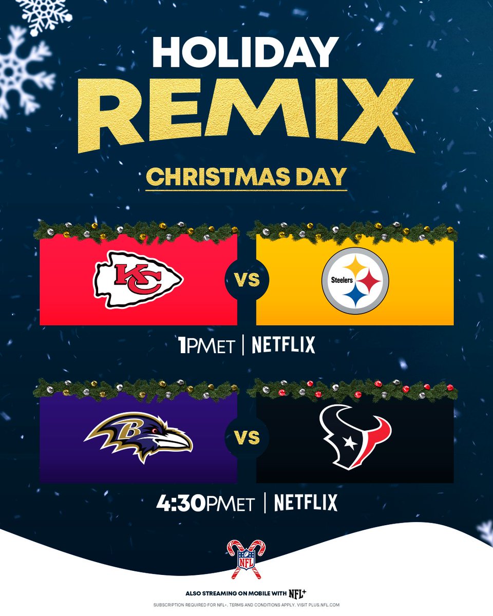 NFL's tweet image. Same teams. Different matchups. 🎄

See you on Christmas Day for a @netflix doubleheader! #NFLonNetflix