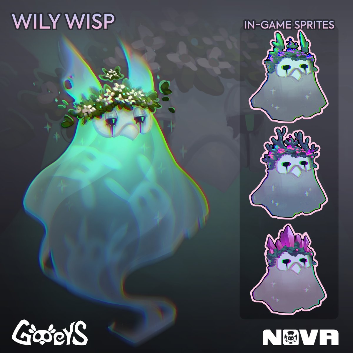 Today's Based Gooeys lore is about the Wily Wisp!

Natural tricksters, Wily Wisps are spirits comprised of energy flows found throughout the island. While Wisps can appear across the lands, they tend to congregate around the Shimmering Fields due to its abundant energy flows.