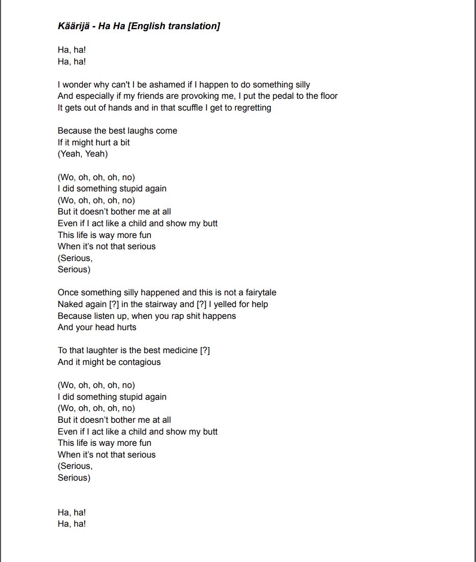 pogbody's tweet photo. Unreleased Käärijä song Ha Ha lyrics + english translation (i have no idea how accurate i got the transcription at some points but hope it's gives at least some help!) https://t.co/wuL7KKdy4e