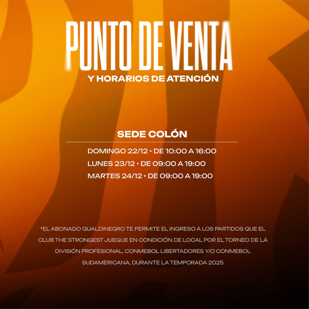 ClubStrongest's tweet image. 🟡 𝗘𝗟 𝗠𝗘𝗝𝗢𝗥 𝗥𝗘𝗙𝗨𝗘𝗥𝗭𝗢 𝗘𝗥𝗘𝗦 𝗧𝗨́ ⚫
Conviértete en 𝗔𝗯𝗼𝗻𝗮𝗱𝗼 𝗚𝘂𝗮𝗹𝗱𝗶𝗻𝗲𝗴𝗿𝗼 𝟮𝟬𝟮𝟱 🔥🐯
📆 Adquiere el tuyo a partir de mañana 22/12 
📍 Sede Colón, esq. Comercio
⏰ De 10:00 a 16:00
#HistoriaYLegado