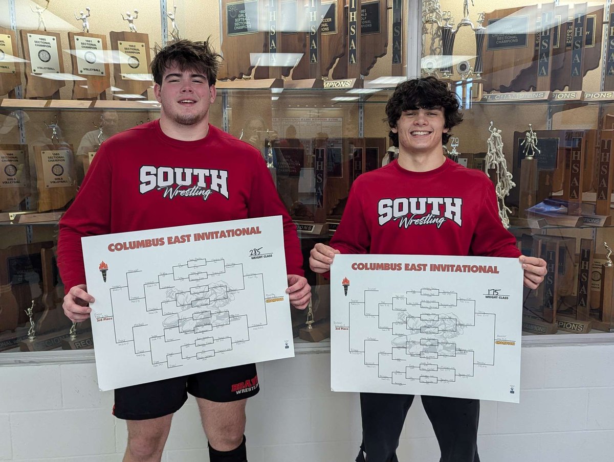 #8 3A Terre Haute South finished in 2nd place behind #2 3A Columbus East in a 16 team field today at the Columbus East Invitational. Coy Bender (175) and Sean Murphy (HWT) were weight class champions.