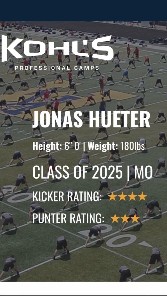 Jonas Hueter (@jonaschueter) on Twitter photo Ranked 4⭐️ kicker & 3⭐️ punter by <a href="/KohlsKicking/">Kohl's Kicking Camps</a>
<a href="/CoachM_Harper/">Moses Harper</a> <a href="/CoachWrightD/">Rich Wright</a> <a href="/CoachAmbroson/">Jason Ambroson</a> <a href="/LyonHBC/">Chris Douglas 🏈</a>
@coach_tuck <a href="/CoachBethany/">Corey Bethany</a> <a href="/CoachYoung41/">Coach Tyrone Young Jr. II ™</a> <a href="/CoachFaub/">CoachFaub</a> <a href="/fox_warrior/">Fox Warrior Football</a> <a href="/GSV_STL/">Gateway Sports Venue</a> <a href="/STLKickers/">SKP - Elite Special Teams Academy</a>
<a href="/CoachBodway/">Coach Zach Bodway</a> <a href="/CoachZackKern1/">Zack Kern</a> Ranked 4⭐️ kicker & 3⭐️ punter by <a href="/KohlsKicking/">Kohl's Kicking Camps</a>
<a href="/CoachM_Harper/">Moses Harper</a> <a href="/CoachWrightD/">Rich Wright</a> <a href="/CoachAmbroson/">Jason Ambroson</a> <a href="/LyonHBC/">Chris Douglas 🏈</a>
@coach_tuck <a href="/CoachBethany/">Corey Bethany</a> <a href="/CoachYoung41/">Coach Tyrone Young Jr. II ™</a> <a href="/CoachFaub/">CoachFaub</a> <a href="/fox_warrior/">Fox Warrior Football</a> <a href="/GSV_STL/">Gateway Sports Venue</a> <a href="/STLKickers/">SKP - Elite Special Teams Academy</a>
<a href="/CoachBodway/">Coach Zach Bodway</a> <a href="/CoachZackKern1/">Zack Kern</a>