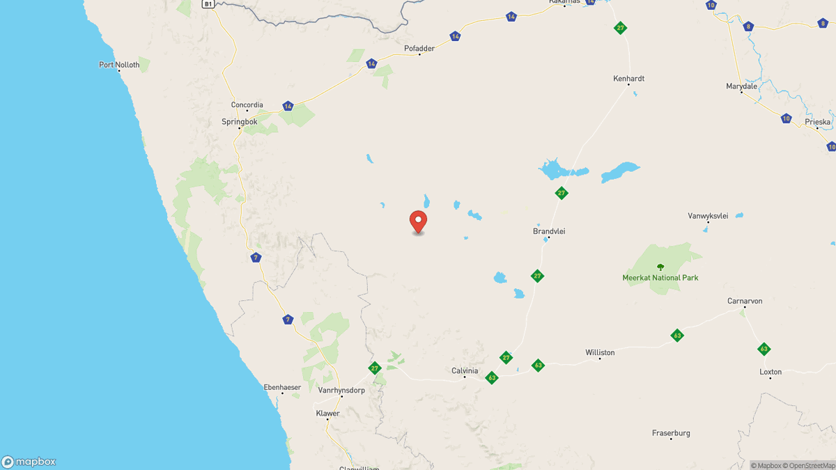 QuakeAlerts's tweet photo. A magnitude 5.5 earthquake took place 120km NNW of Calvinia, South Africa at 00:51 UTC (12 minutes ago). The depth was 10km and was reported by EMSC. #earthquake #earthquakes #Calvinia #SouthAfrica https://t.co/MsWNxRyOL7