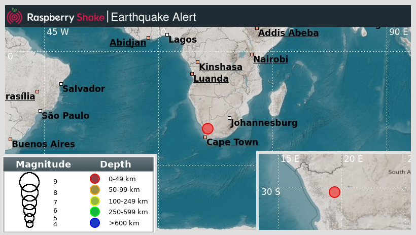 raspishakEQ's tweet photo. Preliminary M5.5 #Earthquake
ID: #rs2024zdofiu
63km from #Loeriesfontein, #SouthAfrica
2024-12-22 00:51 UTC
Source: #GFZ
@raspishake

Join the largest #CitizenScience EQ community ➡ https://t.co/Y5O0dgJqJF

EVENT ➡ https://t.co/1fQga0dRS7 https://t.co/hA3oF6sGT1