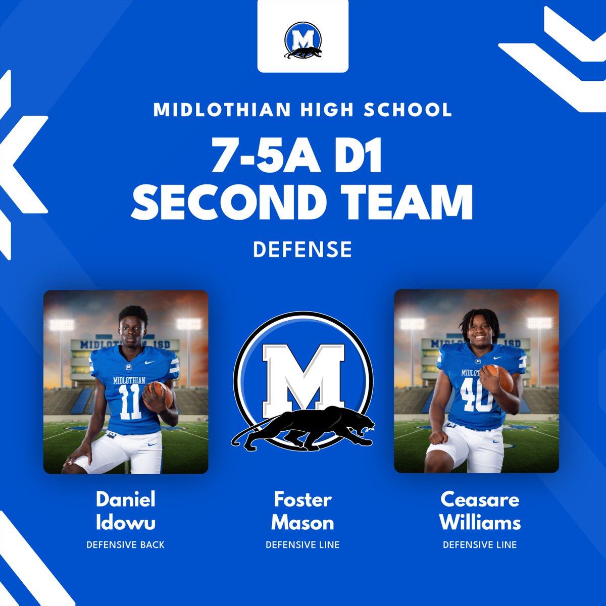 7-5A D1 Second Team Defense:

<a href="/DanielIdowu_11/">Daniel Idowu</a>- DB

Foster Mason - DL

<a href="/CeasareWilliams/">Ceasare Williams</a> - DL