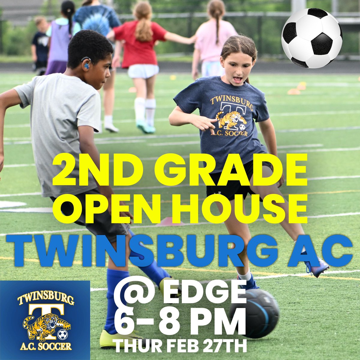 TwinsburgAC's tweet photo. FREE open house for any current 2nd grade players (boys &amp; girls) interested in the Twinsburg A.C. Soccer Club.

Thur, Feb 27th, 6:00 - 7:30 pm at The Edge

register: https://t.co/Y76w29CRmR https://t.co/327OLBz0rW