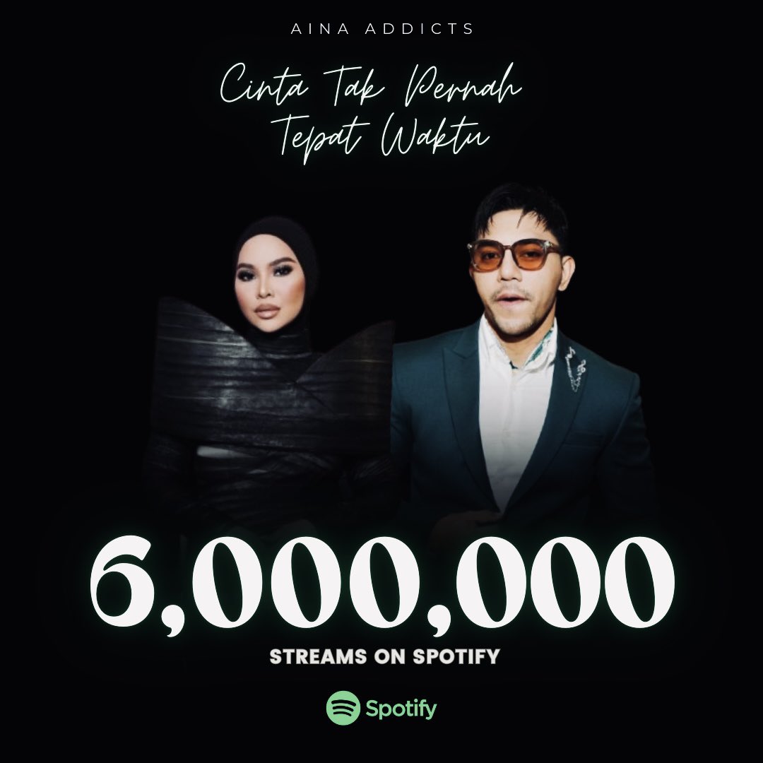 ainaaddicts's tweet photo. 6 Million Strong Before 2024 Wraps Up!

Cinta Tak Pernah Tepat Waktu by Aina Abdul ft. Fabio Asher has reached an extraordinary 6 Million streams on Spotify! Congratulations! #AinaAbdul #FabioAsher #CTPTW https://t.co/cHzrgueadz