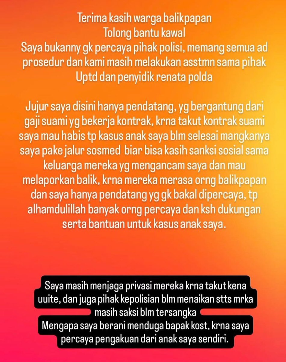 Bantu up gaes...

Seorang balita usia 2 tahun di Balikpapan Utara, Kalimantan Timur, diduga menjadi korban pel3ceh4n s3ksu4l oleh bapak kos tempat keluarganya tinggal. Kasus terungkap setelah ibu korban  membagikan bukti pel3ceh4n di akun @korbanorangbiadab, menunjukkan luka di