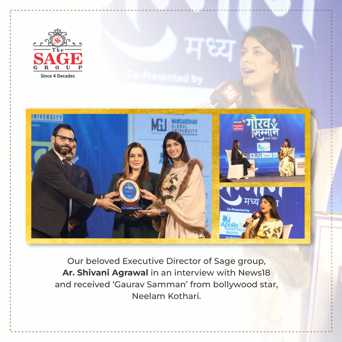 SIRT_BHOPAL's tweet photo. Agrawal shines bright!✨
Receiving the prestigious 'Gaurav Samman' from Bollywood star Neelam Kothari and featured in an exclusive interview with News18!✨👏

#GauravSamman #Leadership #WomenInBusiness #WomenEmpowerment #SageGroup #News18 #NeelamKothari #ShivaniAgrawal https://t.co/TT7TfYXjje