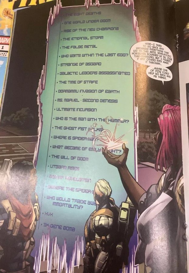 MonarchDafey's tweet image. #Timeslide

What stood out most to me... 
1) who waits within the last egg? (Gotta be a krakoan egg)
2) Revelation's Horsemen
3) Ultimate Incursion 
4) the time of Strife
5) the ghost fist walks (Danny Rand?)
6) galactic leaders assassinated (hopefully not Xandra or Hulkling)