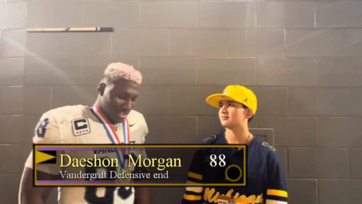 FridayNghtGlory's tweet photo. Vandergrift Middle Linebacker Adam Scott and Defensive End Daeshon Morgan talk about winning the 6a Division 2 State Championship defeating Southlake Carroll 24-17 https://t.co/mwVh0R7SNB #txhsfb #UILstate #FNGsports @DaeshonMorgan06 https://t.co/jQNS8SBvWR