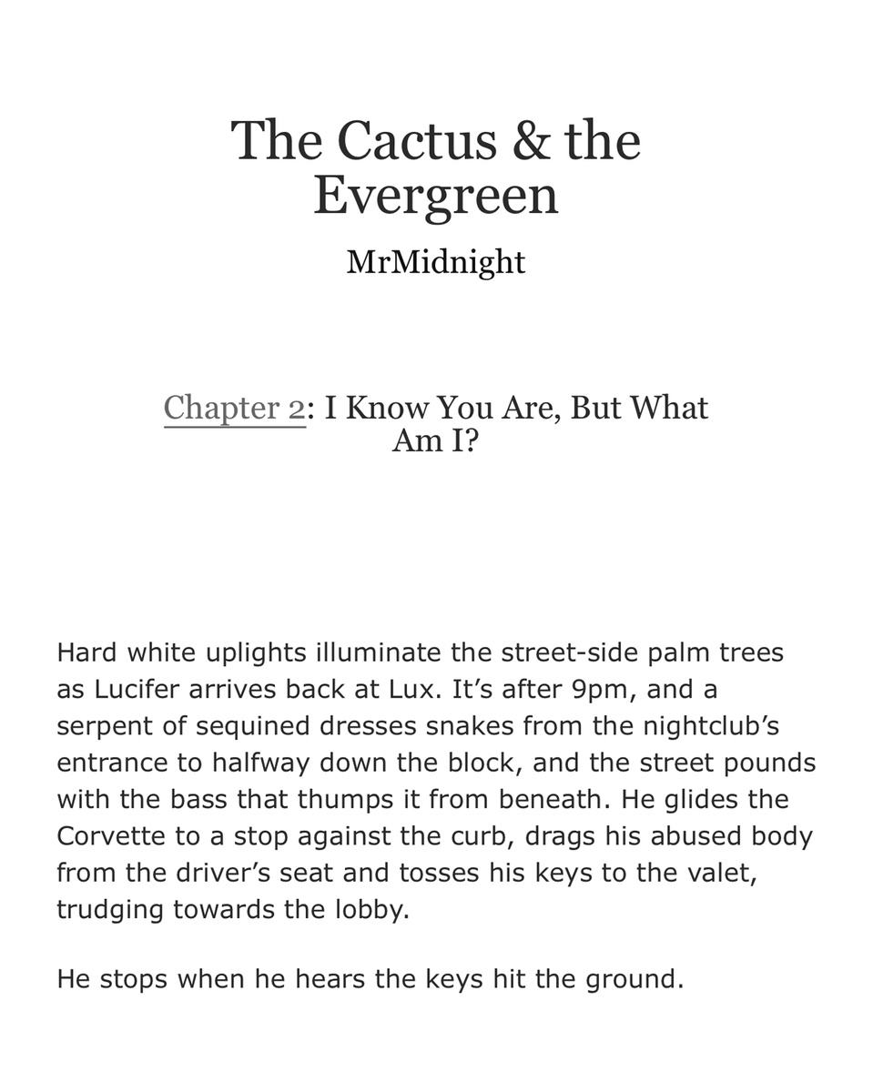 Mr____Midnight's tweet photo. Chapter 2 of The Cactus &amp; the Evergreen is out now! ✨🌵🌲 Lucifer's search for answers is made more difficult without his innate magnetism. Meanwhile, the side effects of being in Michael's body escalate. 

#LuciferNetflix #LuciferFanfiction 😈📺

https://t.co/H5fYx6Bi0B https://t.co/hpSHyMQ83Q