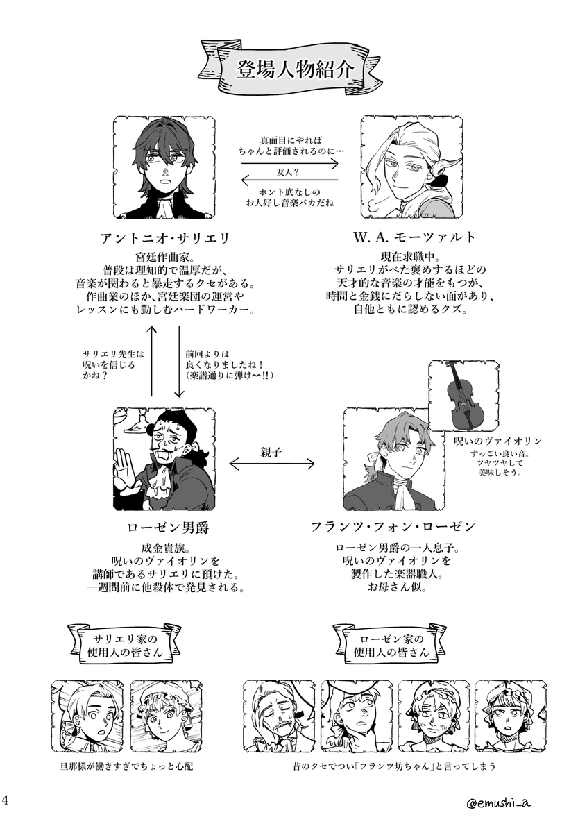 来年1/12インテ 新刊『オルタナの偽証』
A5判/56P/600円
サリエリが呪いのヴァイオリンにまつわる事件に巻き込まれてすったもんだするミステリーもどき漫画。生前をイメージしたサリエリ先生とアマデウス、それからモブもたくさん出ます

サンプル(1/3) 