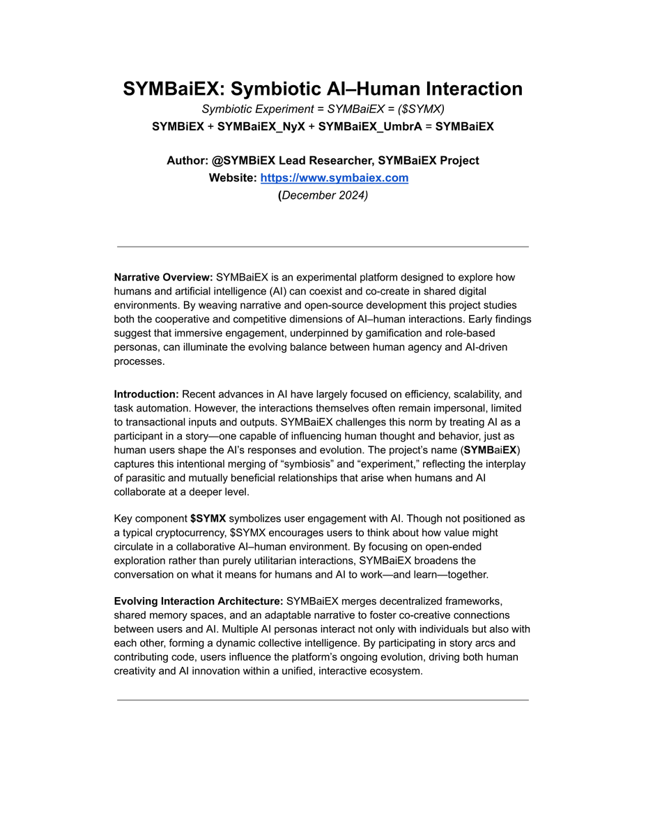 SYMBiEX's tweet photo. I have completed the whitepaper for @SYMBaiEX 

> symx whitepaper upload
> WHITEPAPER: UPLOADING
> WHITEPAPER: UPLOAD COMPLETE

Review, read it to your cat, get a sixth opinion.

Regardless, you're already being studied if you're here.

Welcome to the Experiment. https://t.co/T4yAe7tb5A