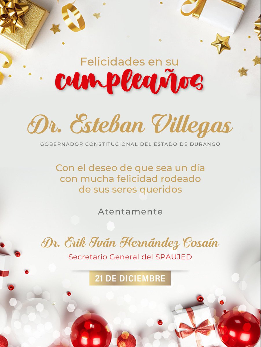 Felicito a nuestro Gobernador, Dr. <a href="/EVillegasV/">Esteban Villegas V.</a>, por su cumpleaños.

Que sea una gran celebración en compañía de su apreciable familia. 

¡Un abrazo!