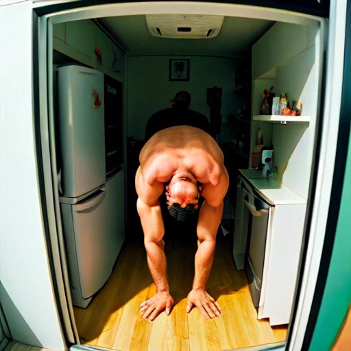 冷蔵庫のドアを開けたら逆さになった上半身裸の腹の出た中年男ちくわぶ大将軍が入っていて絶叫したのでびっくりして悲鳴をあげた男性漫画家丸岡九蔵#怪奇AI 