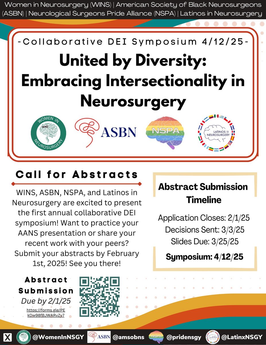 Latinos in Neurosurgery (@latinxnsgy) on Twitter photo We are thrilled to announce our first annual collaborative DEI symposium!! We cannot wait to see your work so don't miss this opportunity to share your research and submit your abstracts by February 1st, 2025! We are thrilled to announce our first annual collaborative DEI symposium!! We cannot wait to see your work so don't miss this opportunity to share your research and submit your abstracts by February 1st, 2025!