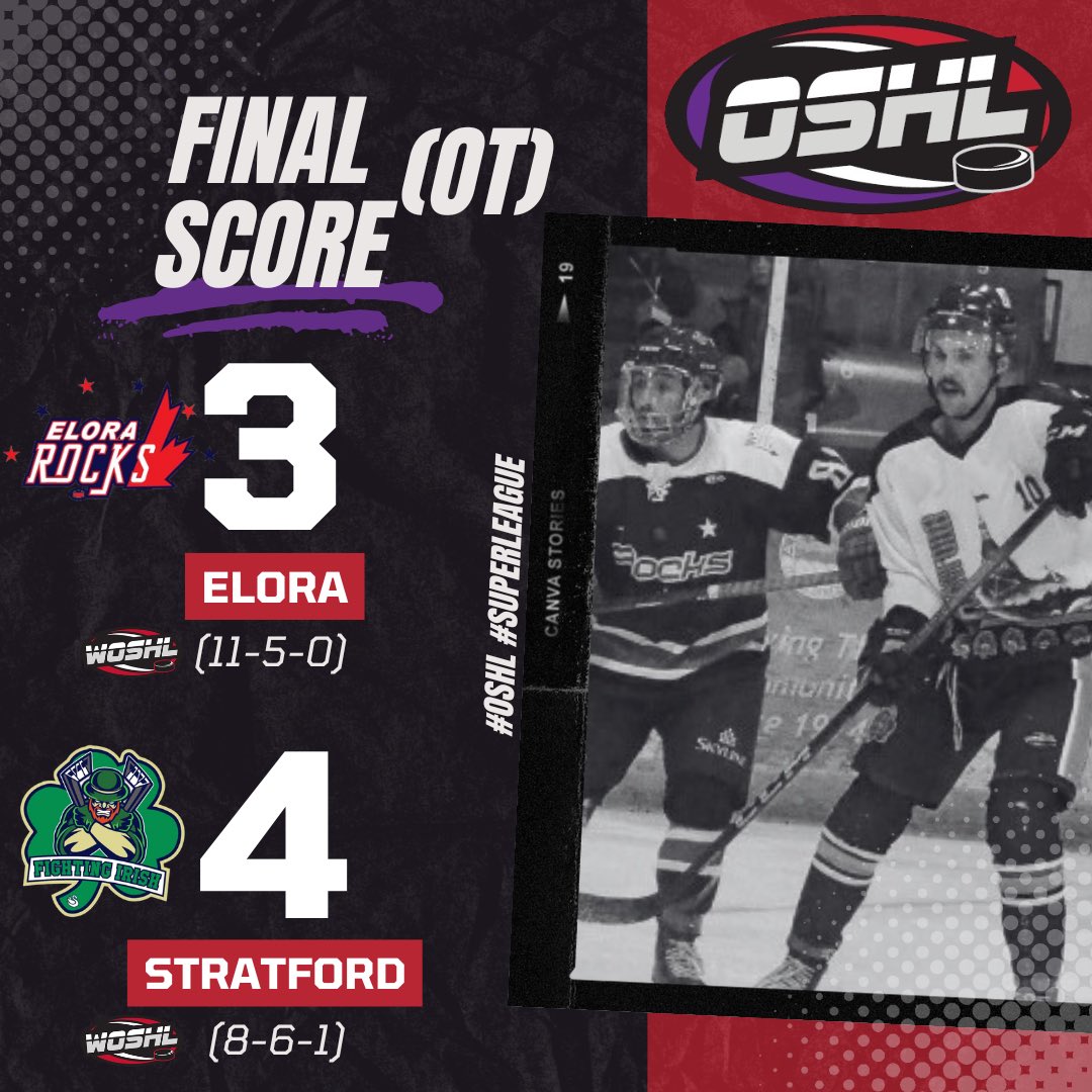Stratford ties the game up with 10’seconds left and completes the comeback in overtime against Elora!
4-3 Final

#OSHL #SuperLeague