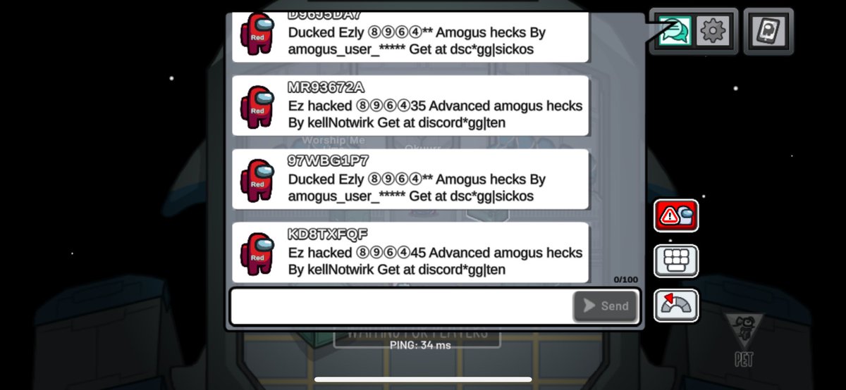 Lisholl's tweet photo. @AmongUsGame Please sort out the hackers. The game is practically unplayable. https://t.co/cDUAihNt7n