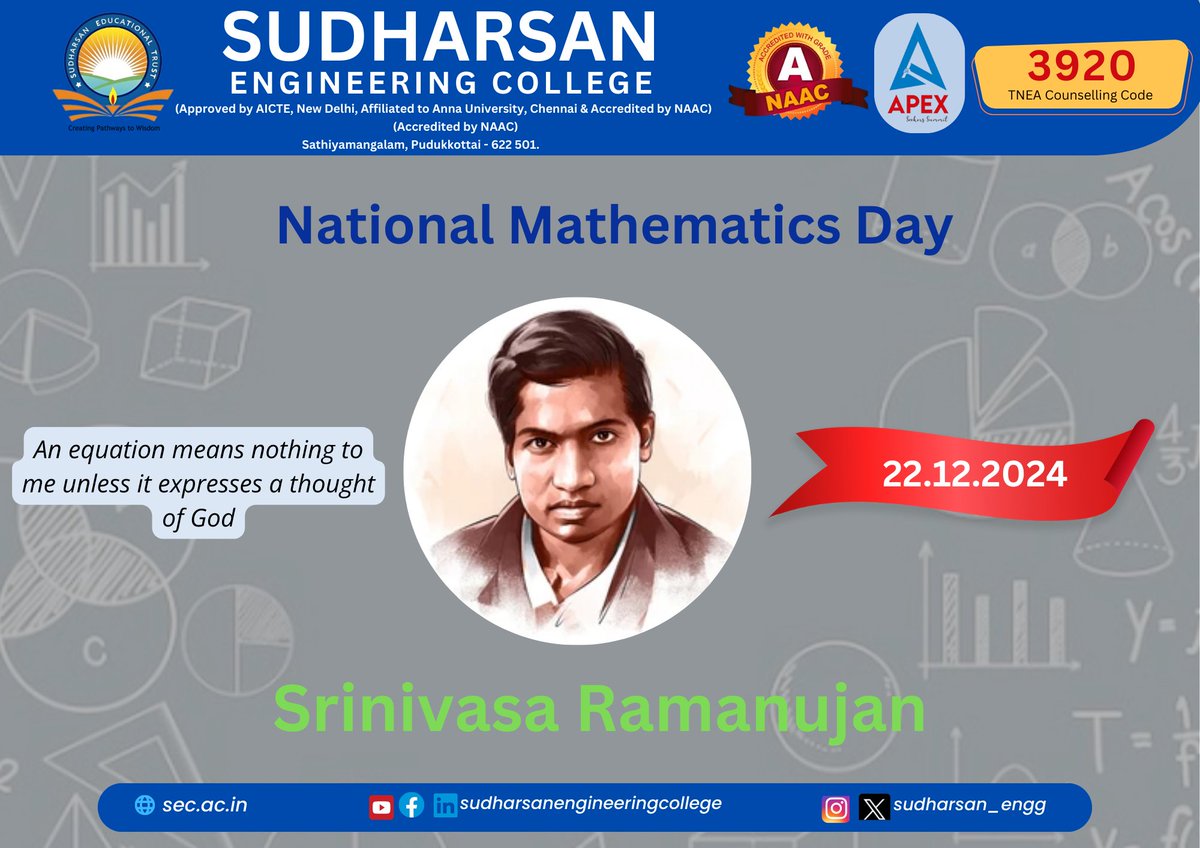 sudharsan_engg's tweet photo. Math teaches us that every problem has a solution. Let’s honor Srinivasa Ramanujan’s incredible legacy this National Mathematics Day 2025. 🏆📚 #MathInspires #RamanujanDay #apexseekers https://t.co/EW2E5Oba94