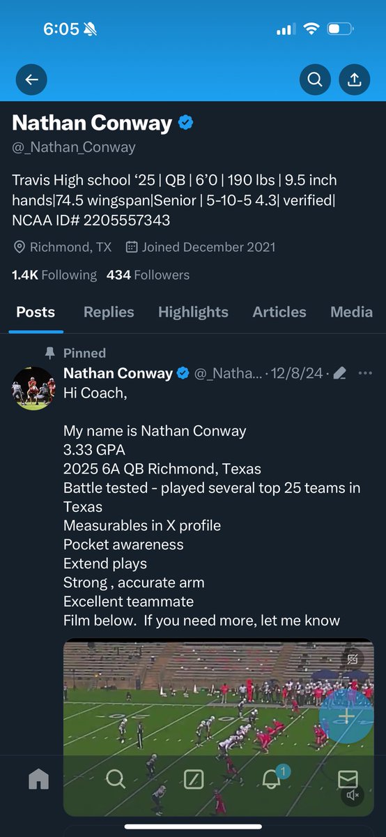 _Nathan_Conway's tweet photo. @CoachTerrell, Hello sir

My name is Nathan Conway
3.33 GPA
2025 6A QB Richmond, Texas 
Battle tested - played several top 25 teams in Texas 
Pocket awareness 
Extend plays
Strong , accurate arm
Excellent teammate
Film below.  If you need more, let me know https://t.co/vI0zo9MiwK