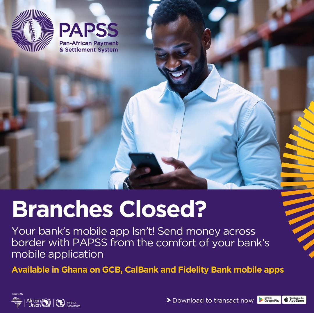 papss_africa's tweet photo. 🇬🇭 🏦 Branches Closed? Your bank’s mobile App isn’t! 📱

Send and receive money across borders in Ghana cedis, anytime, anywhere with PAPSS from the comfort of your bank’s mobile App.

Available in 🇬🇭 Ghana on @GCBBankPLC  , @CalBankPLC and @fidelitybankplc  Mobile Apps.
Send and receive funds seamlessly in:
🇬🇭 Ghana | 🇳🇬 Nigeria | 🇱🇷 Liberia | 🇸🇱 Sierra Leone | 🇬🇳 Guinea | 🇬🇲 Gambia | 🇰🇪 Kenya | 🇩🇯 Djibouti | 🇿🇼 Zimbabwe | 🇿🇲 Zambia 

Faster, Safer and Cheaper!
#PAPSSIt.
#Afreximbank #AfCFTA #AfricanUnion #BorderlessAfrica #CrossBorderPayments #IntraAfricanTrade #PAPSS