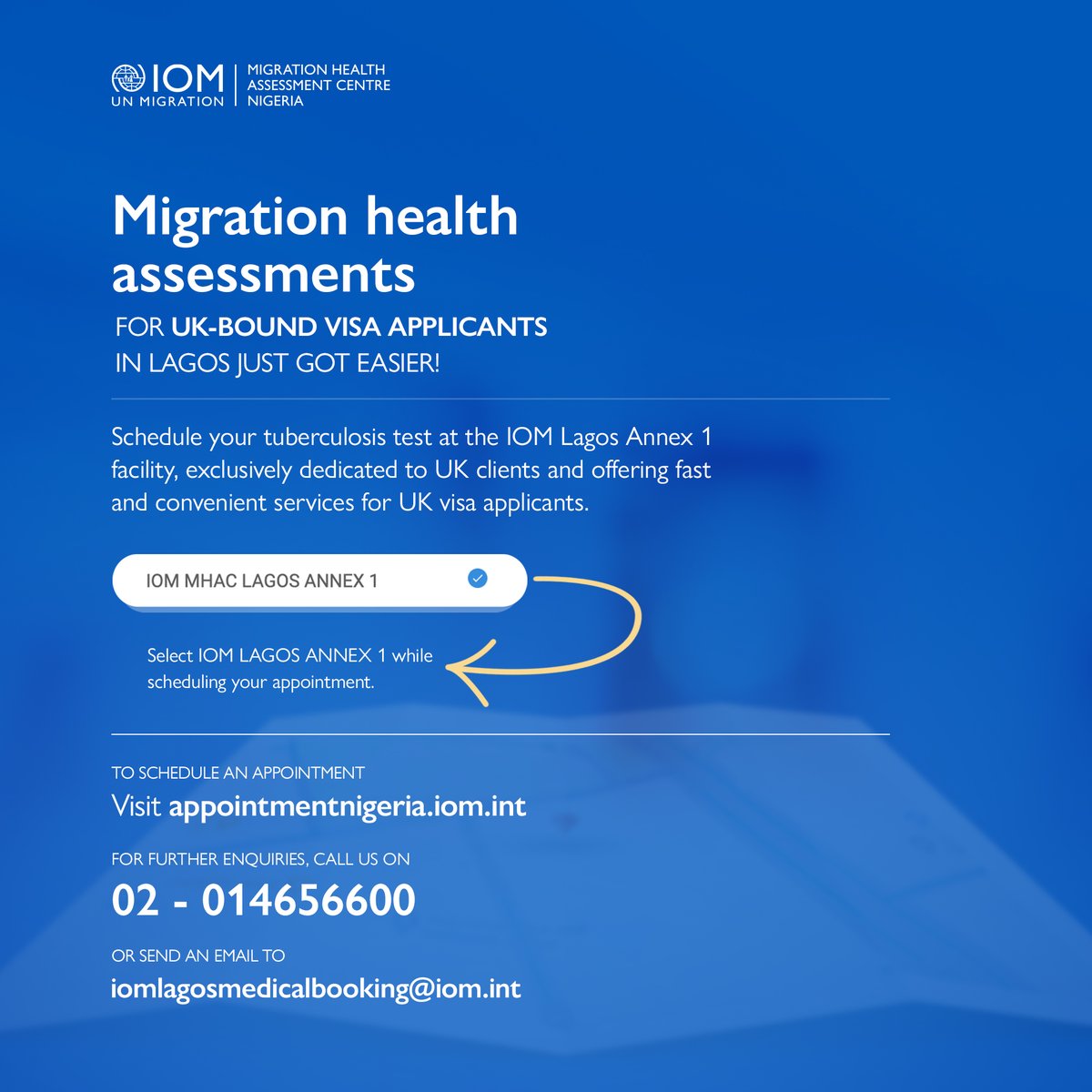 IOM_Nigeria's tweet photo. UK-bound applicants can now select our exclusive Lagos annex facility for UK Tuberculosis testing.

✅ Select IOM Lagos Annex 1 when booking your appointment.  

Visit➡️https://t.co/CLl2LZOXga to schedule an appointment today. https://t.co/cTsF1X2vqc