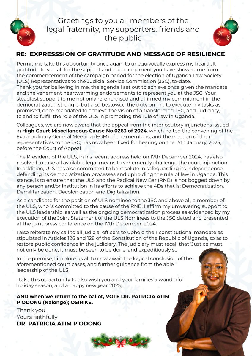 #DEMOCRATIZATION 

ULS  Representatives at <a href="/JSCUganda/">Judicial Service Commission Uganda</a> Nominees Contest.

Candidate Dr. <a href="/OdongPatricia/">Dr. Patricia Atim P'Odong</a> says merry Christmas and Happy New Year, 2025