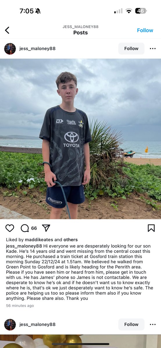 James maloneys son is missing. This is horrible. Please keep a look out everyone.