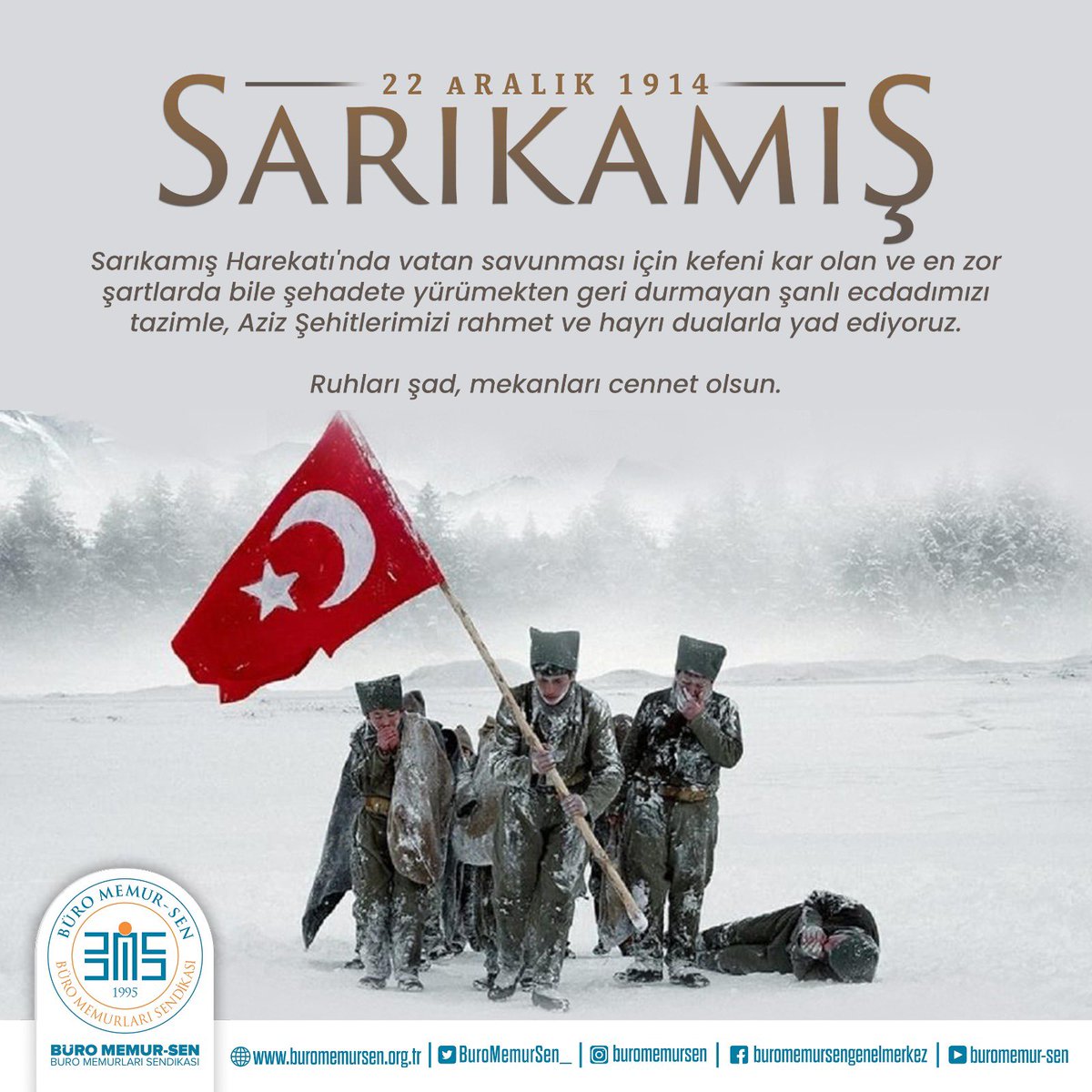 Allahuekber Dağları'na yazılan destanın adıdır SARIKAMIŞ 🇹🇷

Sarıkamış Harekatı'nda vatan savunması için kefeni kar olan ve en zor şartlarda bile şehadete yürümekten geri durmayan şanlı ecdadımızı tazimle, Aziz Şehitlerimizi rahmet ve hayrı dualarla yad ediyoruz. 

Ruhları şad,