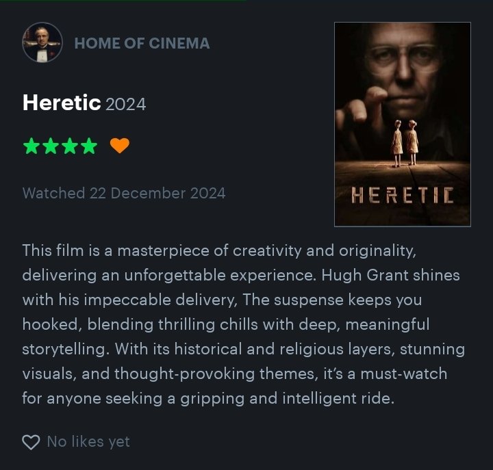 Homeof_cinema's tweet photo. Heretic(2024) Dir.Scott Beck, Bryan Woods.
#heretic #hughgrant #filmreview #films #thrillers https://t.co/ARH3FzU9ST