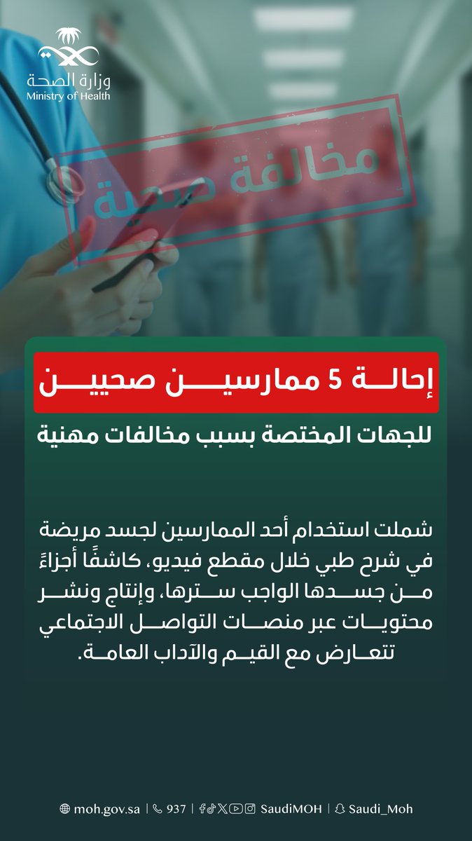 إحالة خمسة ممارسين صحيين إلى الجهات المختصة بعد نشرهم محتوى وظهورهم بشكل مخالف على منصات التواصل الاجتماعي.