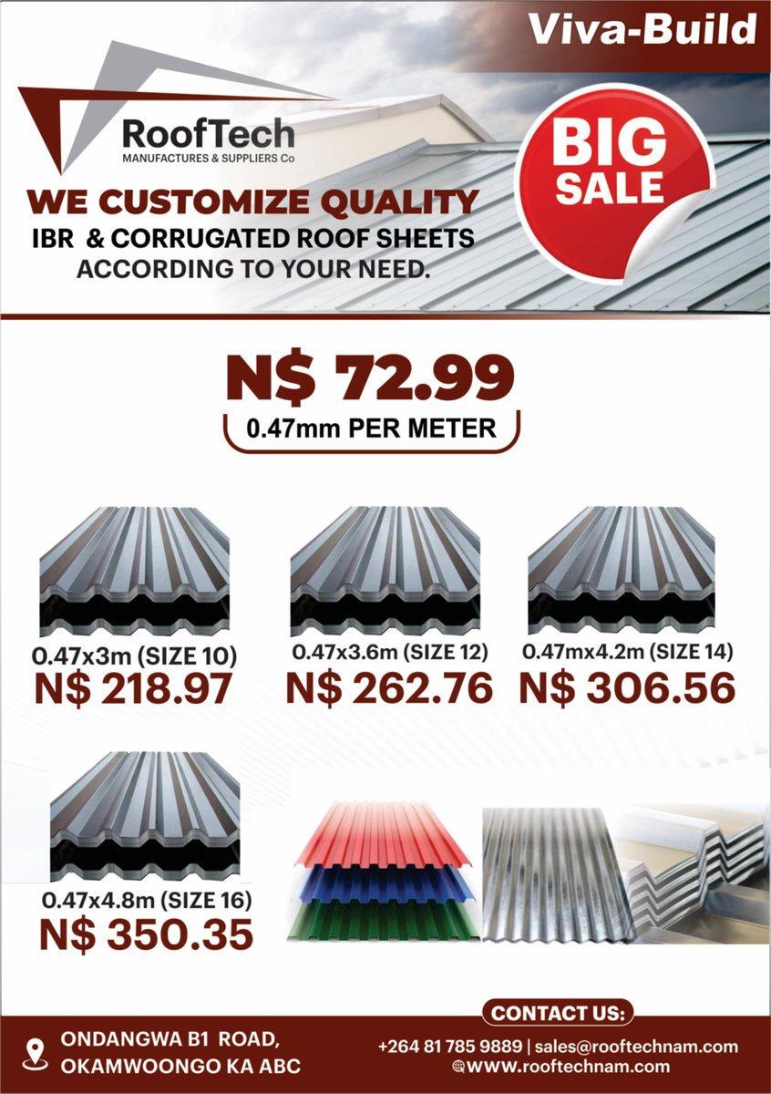 🎊🎉BIG SALE❗️. 

Z150 0.47 for N$72.99. Save up to 30%. 

Visit our RoofTech Branch in Ondangwa and enjoy our BIG SALE this December. Contact us for a quote +264 817859889.