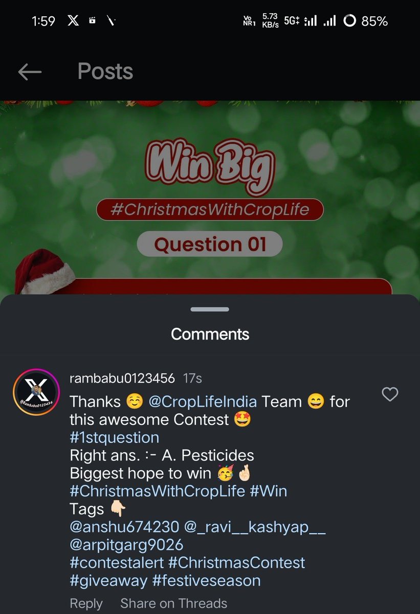 Rambabu0123456's tweet photo. Thanks โบ๏ธ @CropLifeIndia Team ๐ for this awesome Contest ๐คฉ
#1stquestion
Right ans. :- A. Pesticides
Biggest hope to win ๐ฅณ๐ค๐ป
All Doneโ
#ChristmasWithCropLife #Win
Tags ๐๐ป
@anshu674230
@RaviKashyapRP
@ArpitGa95350787
#contestalert #ChristmasContest #festiveseason https://t.co/t9nL4iBk5E
