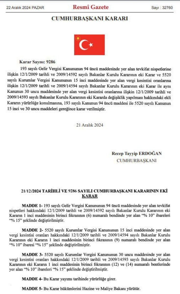 2021 yılında %15 ten %10 a düşürülen, temettü gelirlerinden alınan vergi tekrar %10 dan %15 e yükseltildi. Çok yanlış bir karar olmuş. Hele bu dönemde. Zaten yatırımcı son 2 senedir çok mağdur oldu piyasada. Birçok kişi uzaklaştı. 

Zaten şirket daha yatırımcısına temettü(kar
