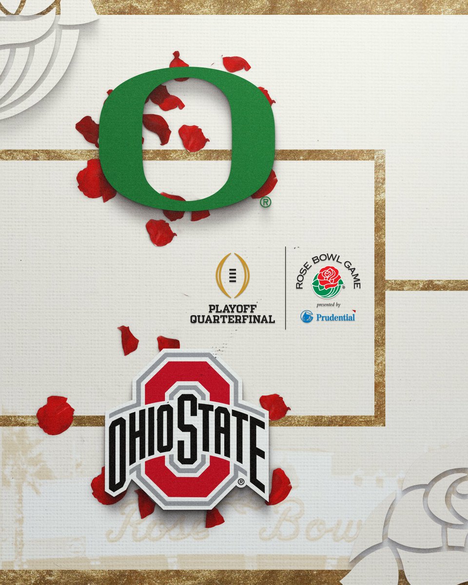 rosebowlgame's tweet photo. The matchup is set:

#8 @OhioStateFB vs. #1 @oregonfootball in the @CFBPlayoff Quarterfinal at the #RoseBowl Game presented by @Prudential! https://t.co/HIrlnElSWh
