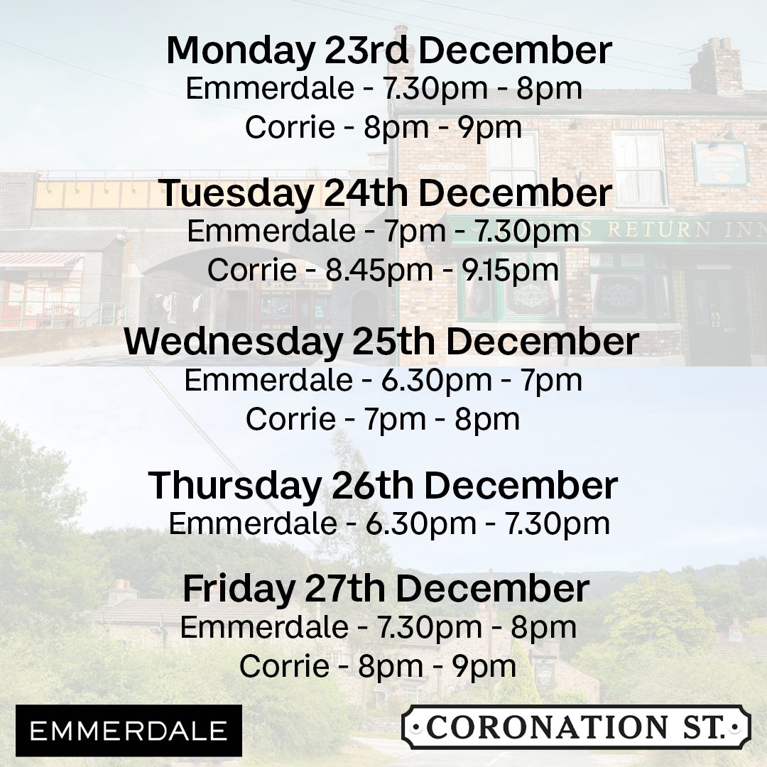 Our Christmas present to you is a handy guide on where to get your Soaps fix this week 🎄🎁

Don't forget, you can find ✨most✨ episodes on ITVX each day at 7am, but remember, no spoilers on social media please 🤫

#Corrie #Emmerdale