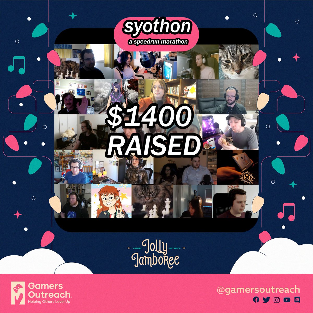 22 incredible speedrunners came together for 48 straight hours and together we raised $1400 for the <a href="/GamersOutreach/">Gamers Outreach</a> Jolly Jamboree

Thanks everyone, see you next time. Bidoom😍🤠🥳🇦🇺